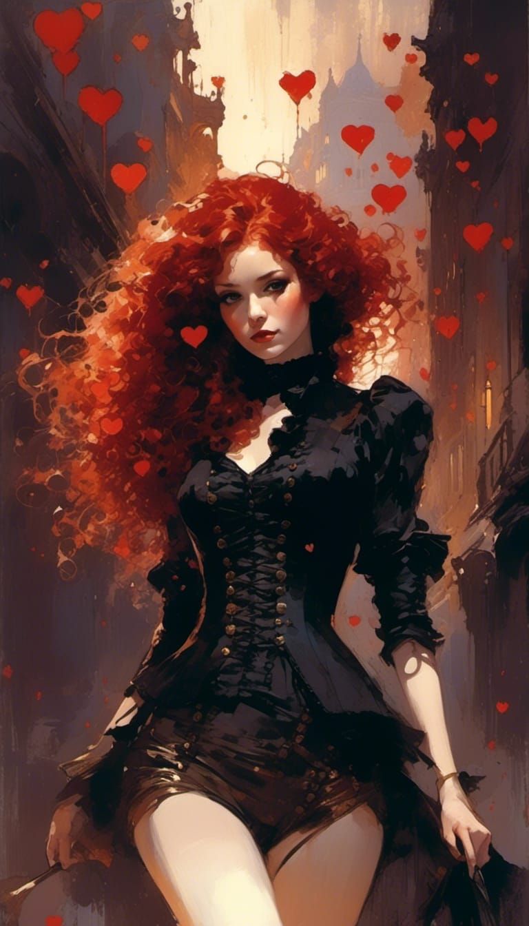 Pale Red-Haired Queen in Neo-Victorian Punk Style
