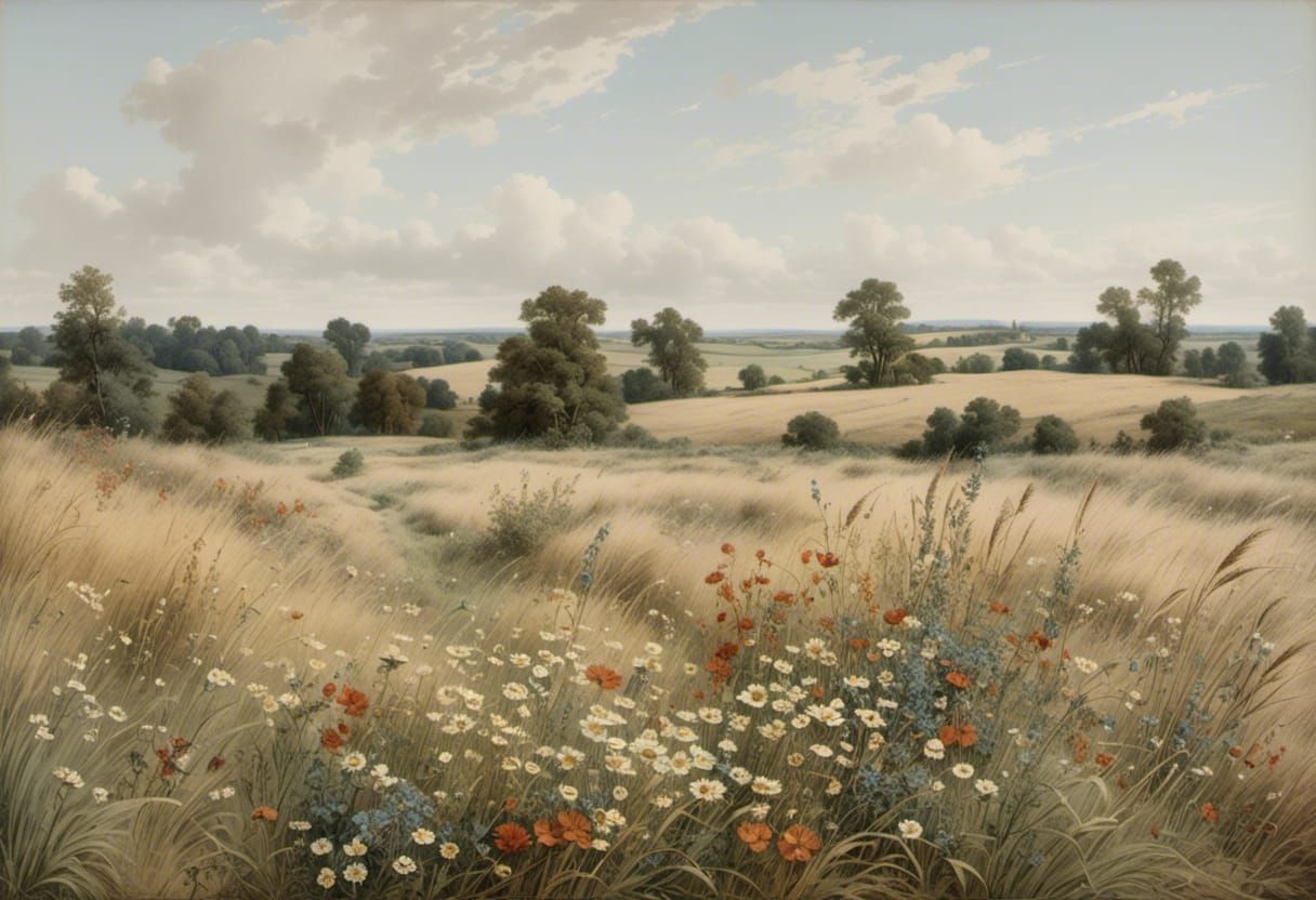 Vintage Field of Wildflowers Landscape, Masterpiece
