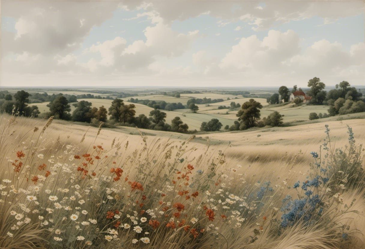 Vintage Field of Wildflowers Landscape, Masterpiece