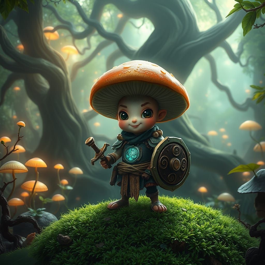 Mystical Mushroom Warrior in Whimsical Forest Landscape