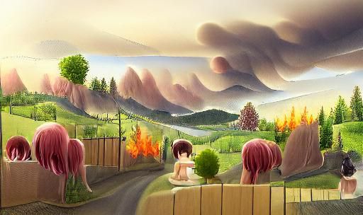Cartoon Landscape Vista with Forest Fire: Gouache Style