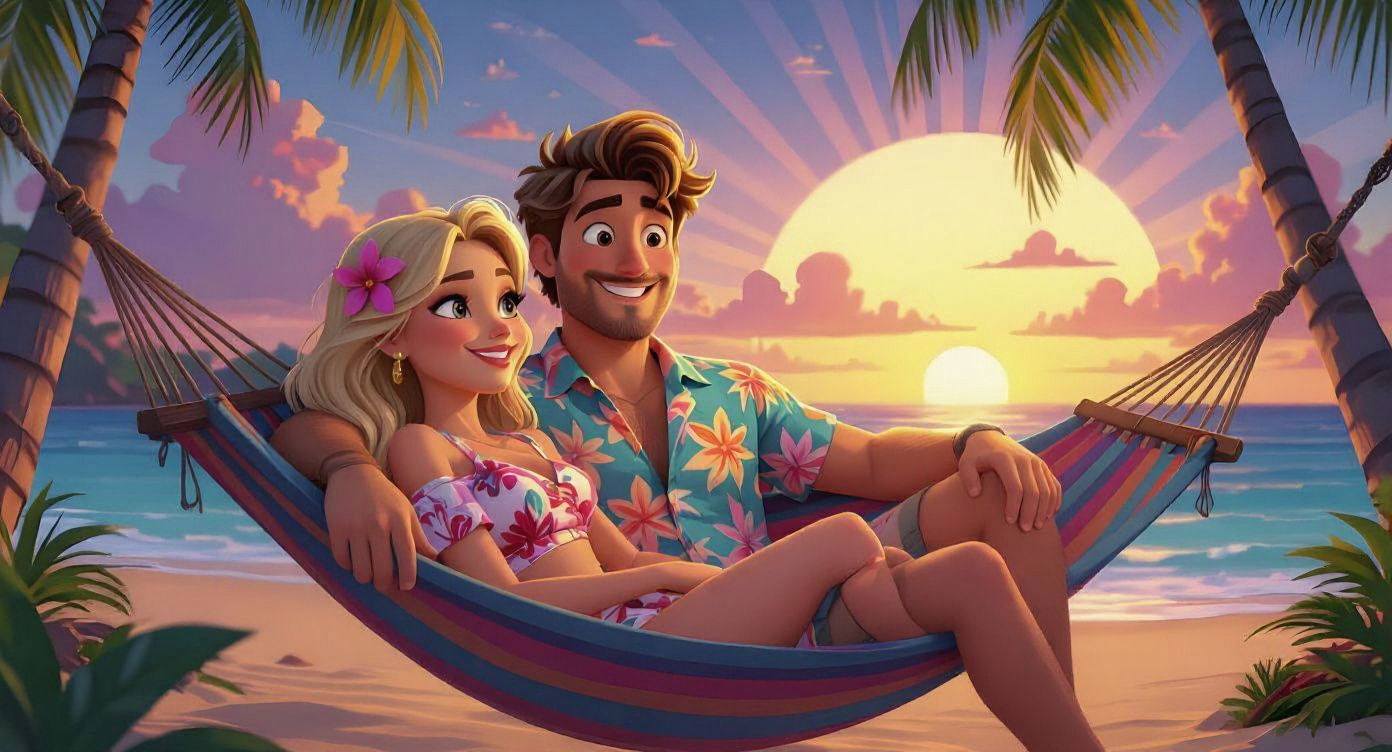 Beach Hammock Tickle Fight in Pixar Style