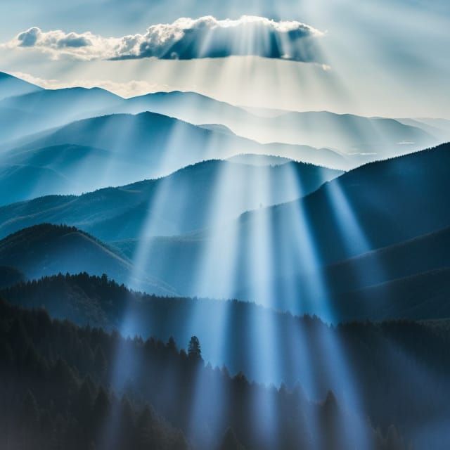 Blue Gothic Portal in Mountains with Sunbeams