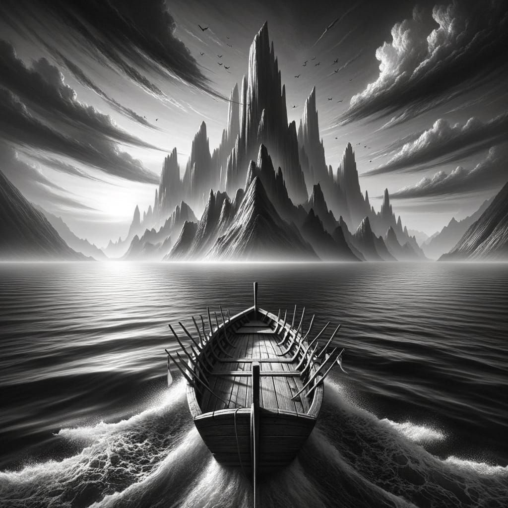 Solitary Boat on Open Sea, Achromatic Scale Art