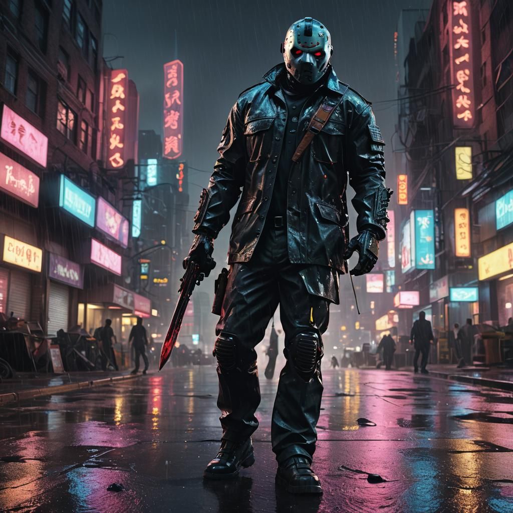 Jason Voorhees in Neon Cityscape: Sci-Fi Art