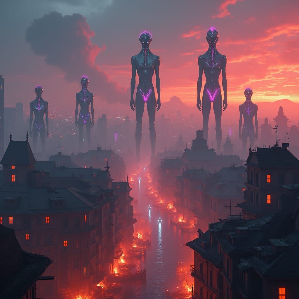 Dystopian Cityscape Under Alien Invasion in Retro-Futuristic...