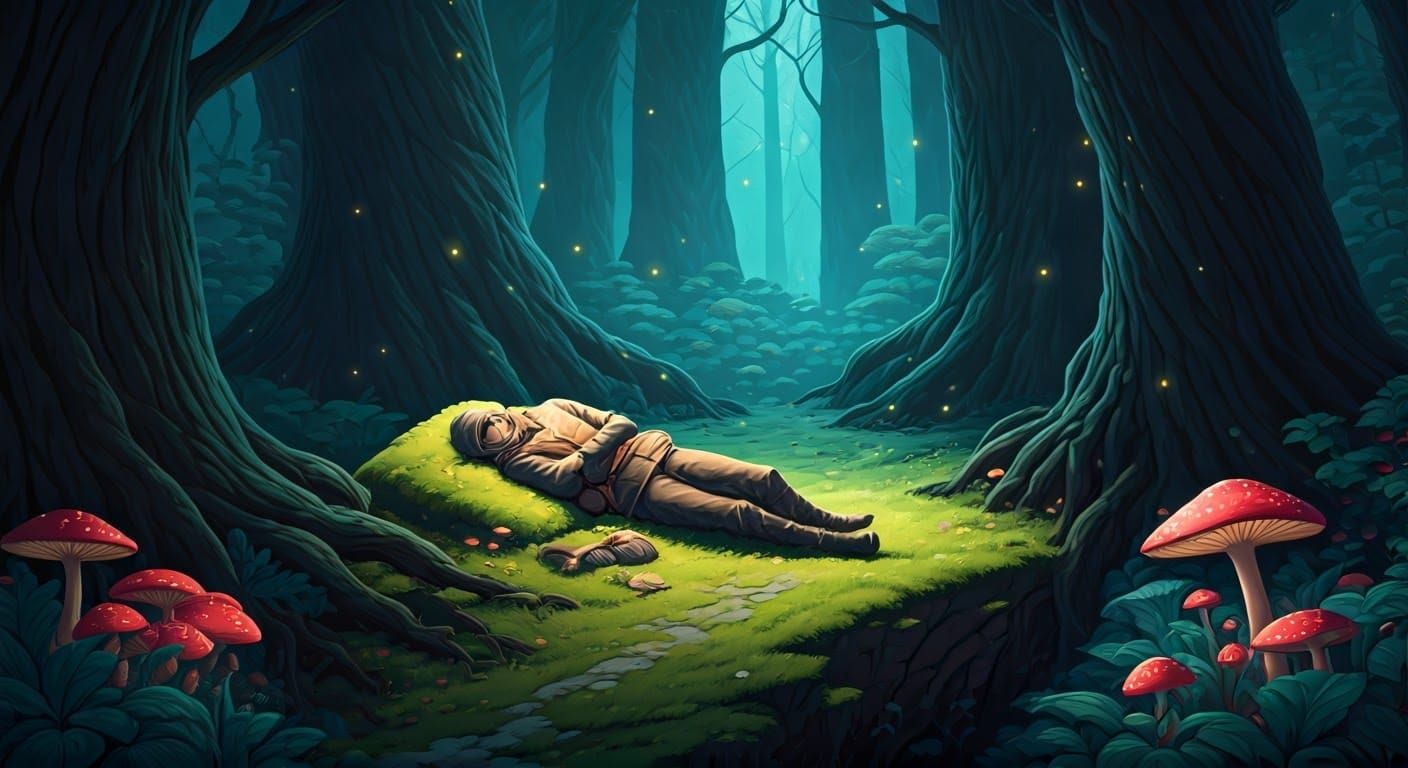 Mystical Traveler's Slumber in Enchanted Forest
