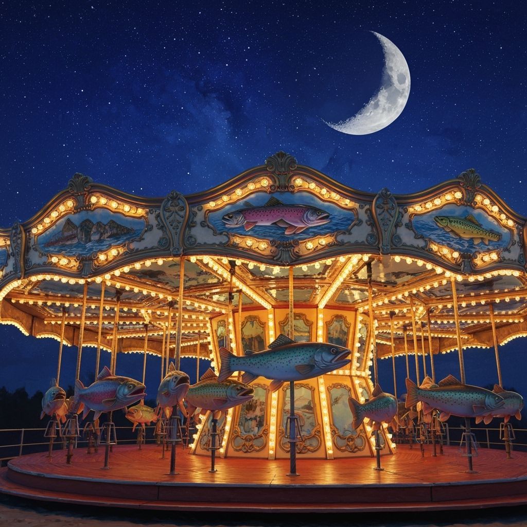 Vintage Trout Carousel Under Starry Night Sky