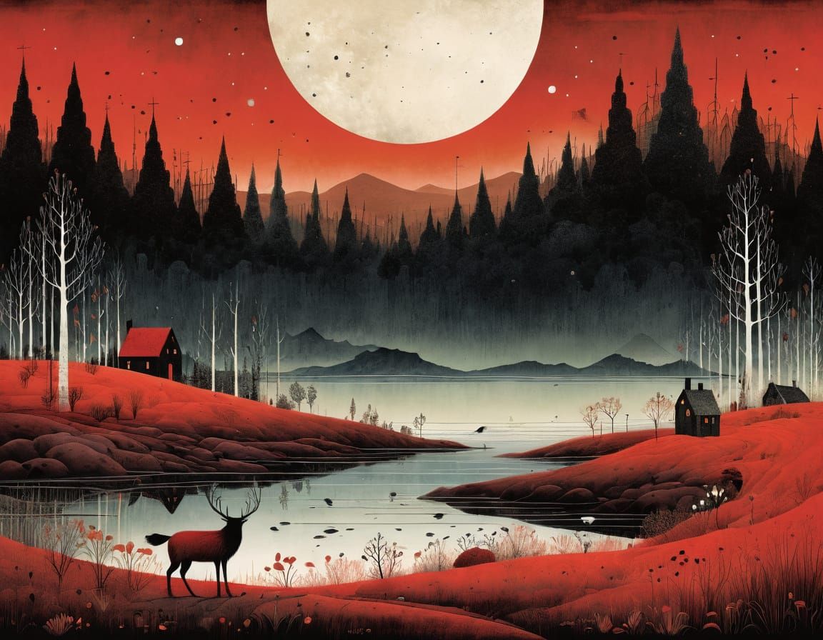 Vibrant Red Landscape in Artistic Style