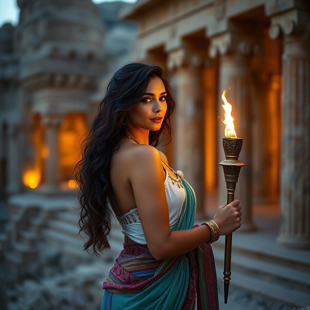 Persian Princess at Forgotten Temple with Torch