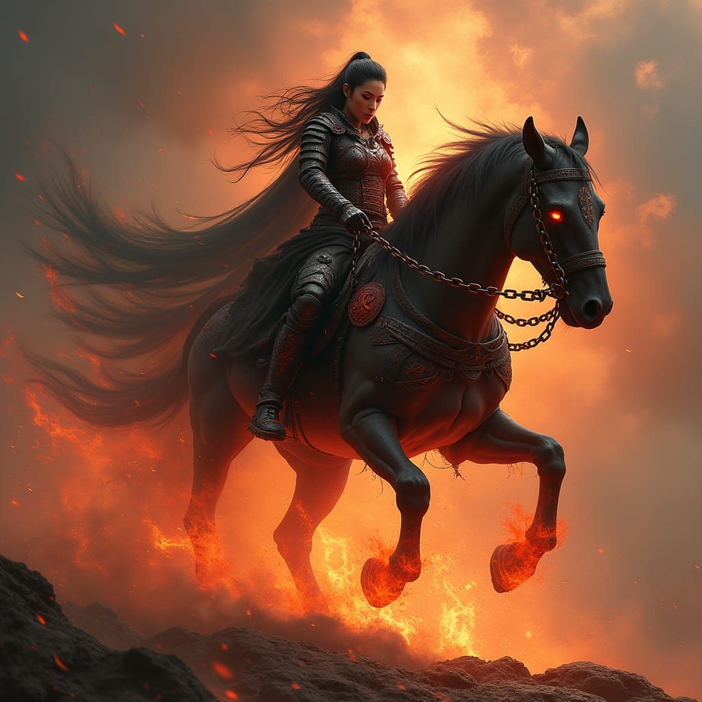 Mystical Ghost Rider Warlock on Hellish Steed, in Flaming Fo...