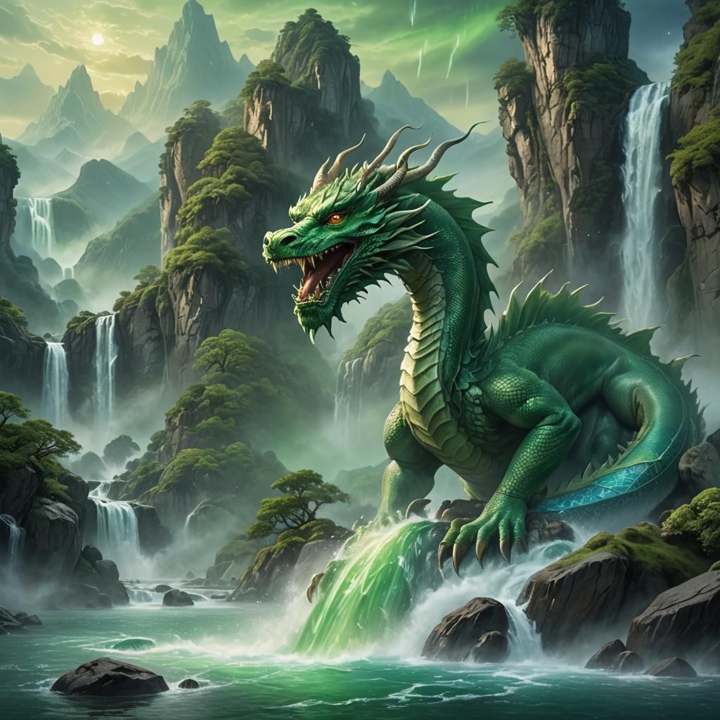 Green Dragon Waterfall Under Aurora Sky