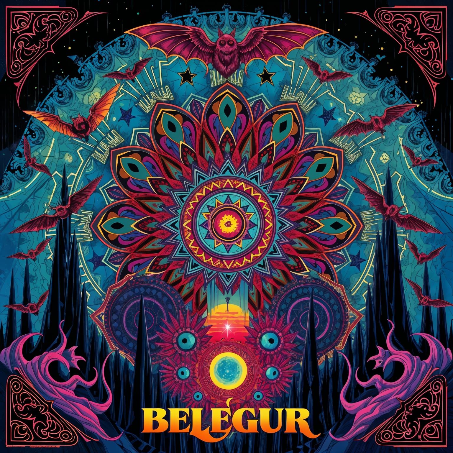Psychedelic Album Cover with Mandalas and Bats