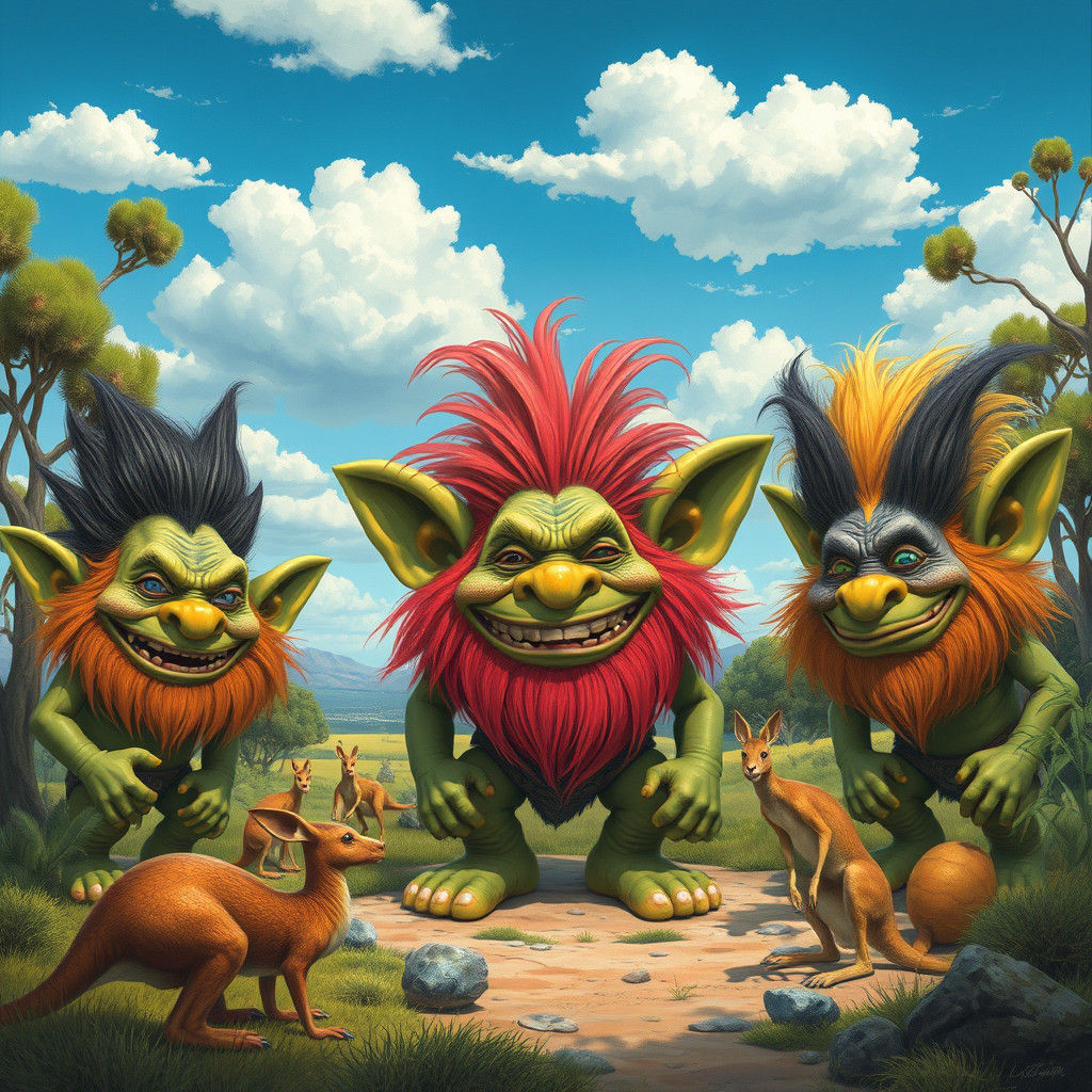 Trolls in Australian Landscape, Futuristic Folklore Art