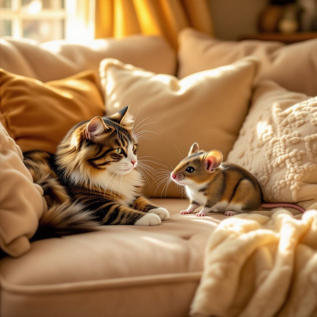 Cat and Mouse Play on Velvety Sofa in Golden Light