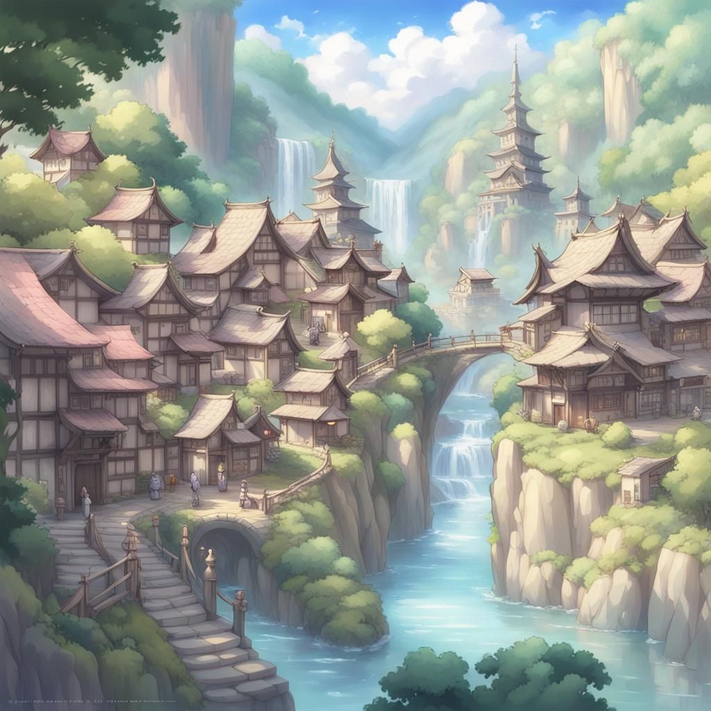 Picturesque Fantasy Village with Waterfalls in Anime Style