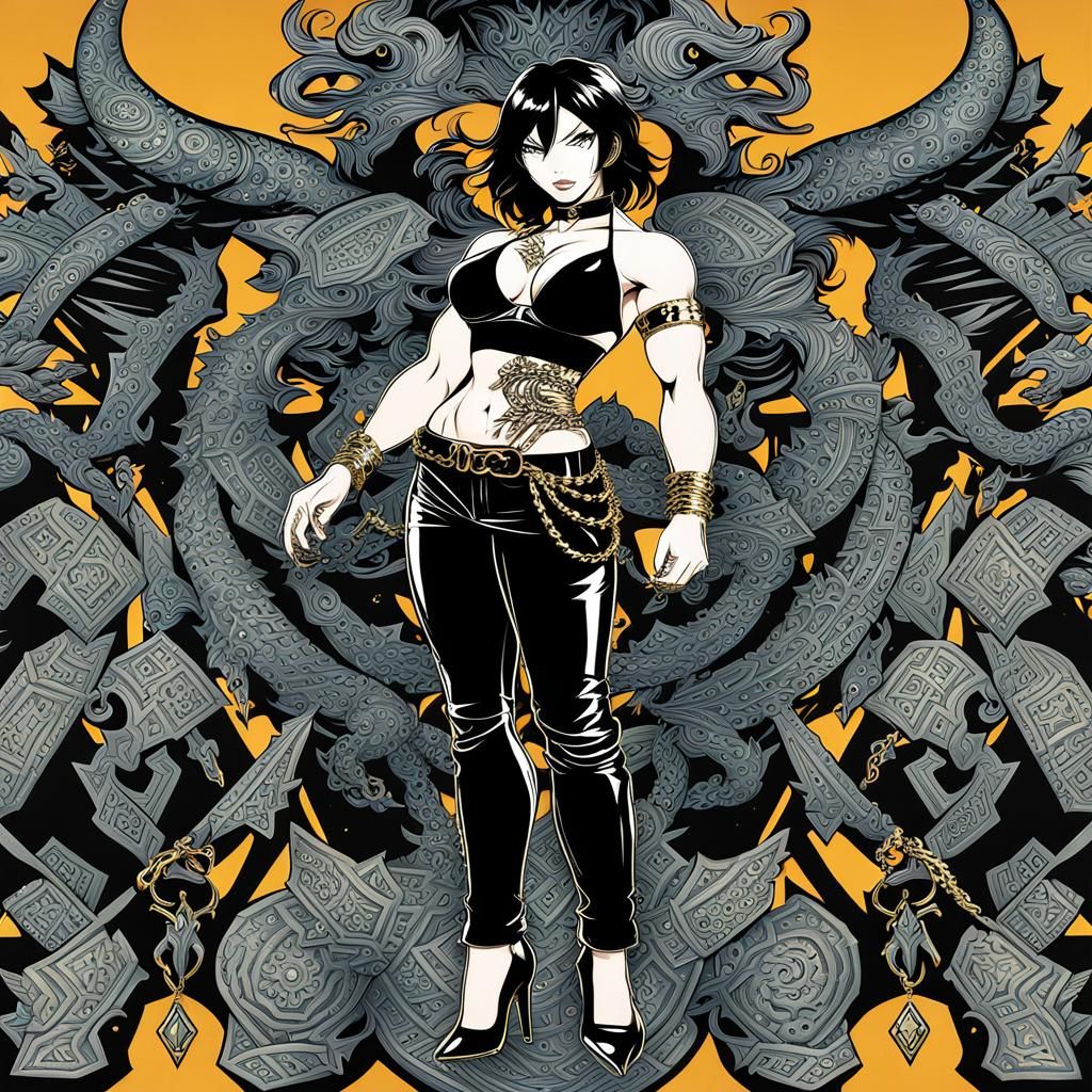 Muscular Woman with Tattoos in Comic Book Style