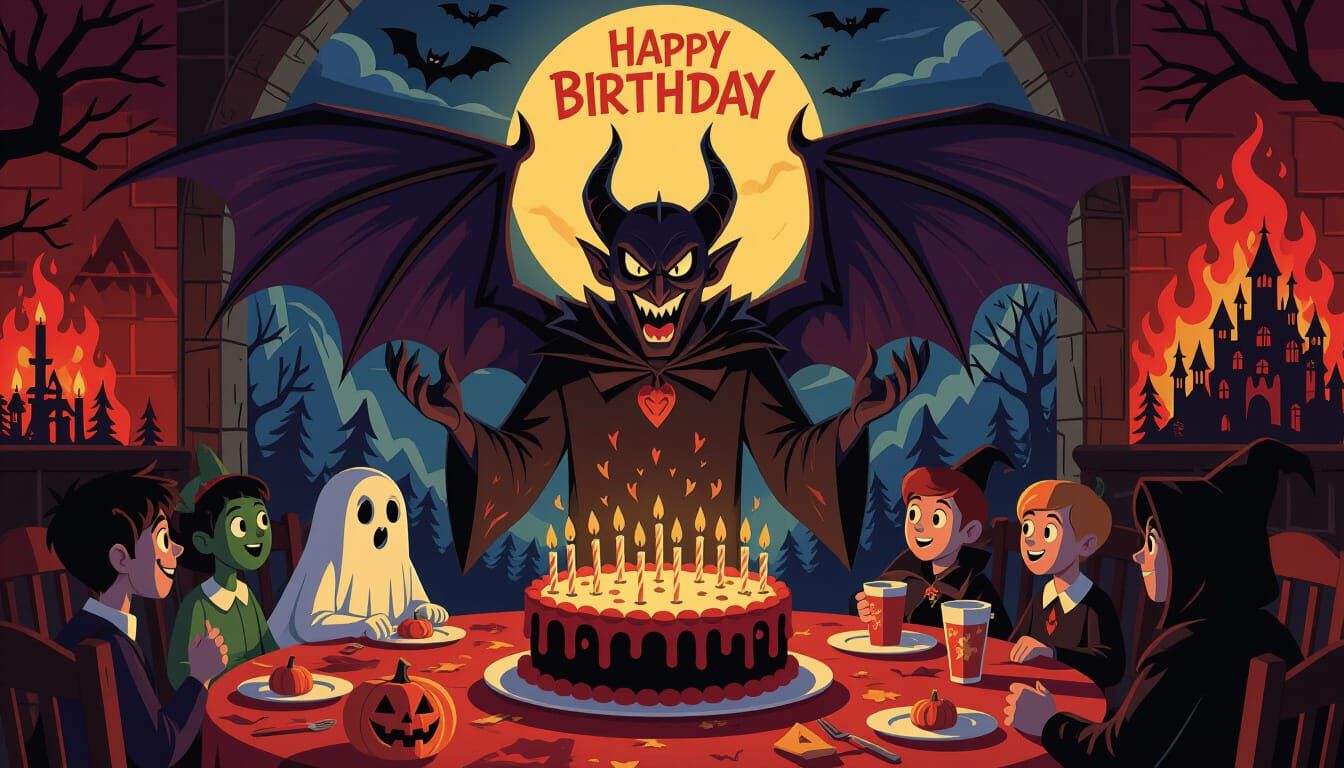 Halloween Birthday Party as Chernabog in Graphic Novel Style