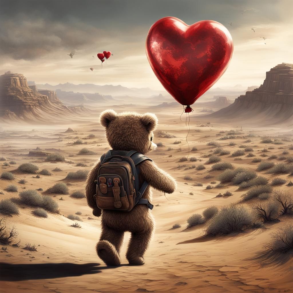 Determined Teddy Bear in Post-Apocalyptic Desert