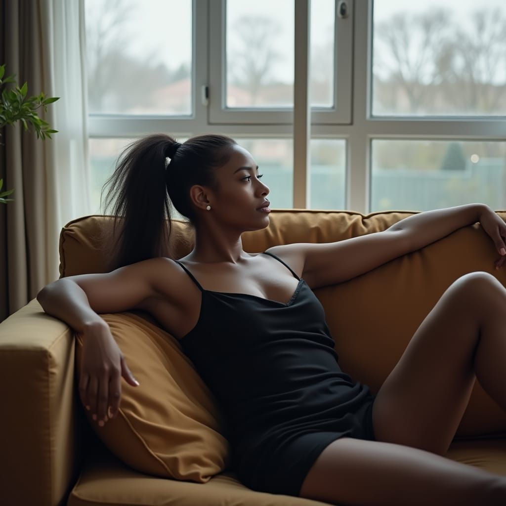 Realistic Photo: Black Woman Lounging on Couch
