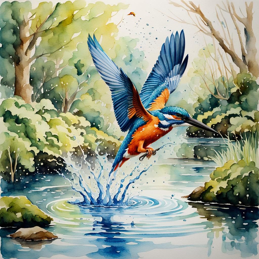 Kingfisher Ascending from Woodland Pool: Watercolour Paintin...