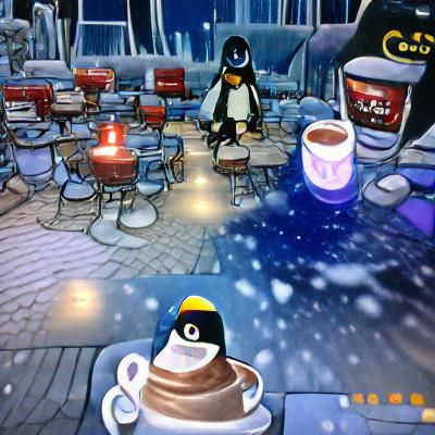 Penguin Bartender at Winter Night Cafe