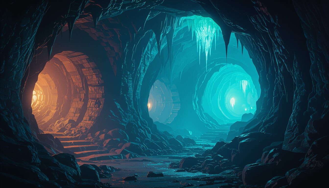 Eerie Cave Exploration with Mysterious Glowing Lights