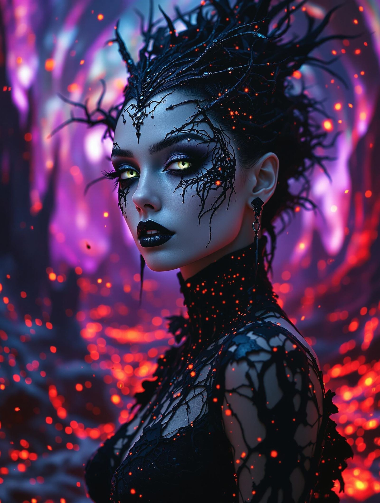 Gothic Goddess in Radiant, X-Ray Landscapes