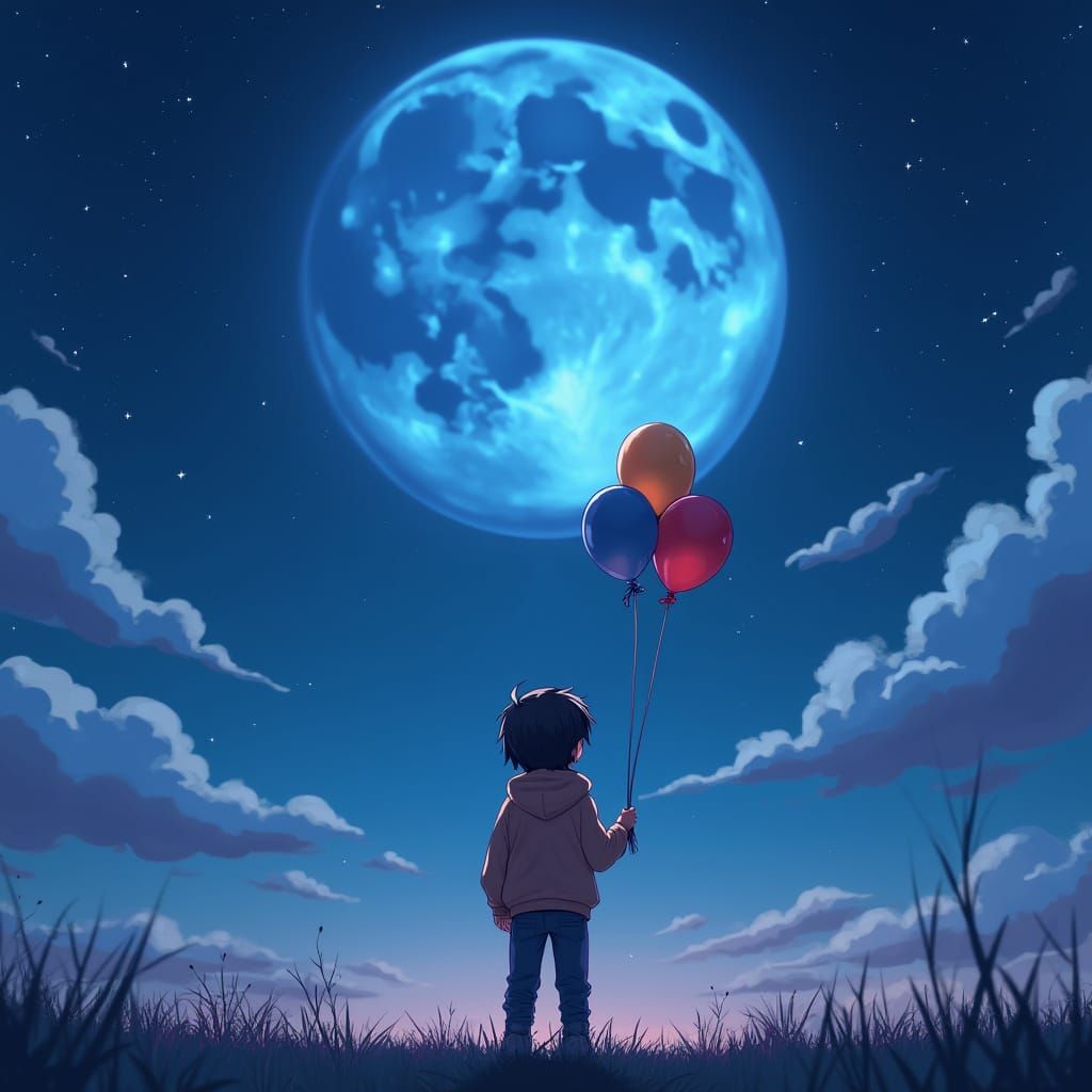 Child Admires Blue Moon in Whimsical Night Scene