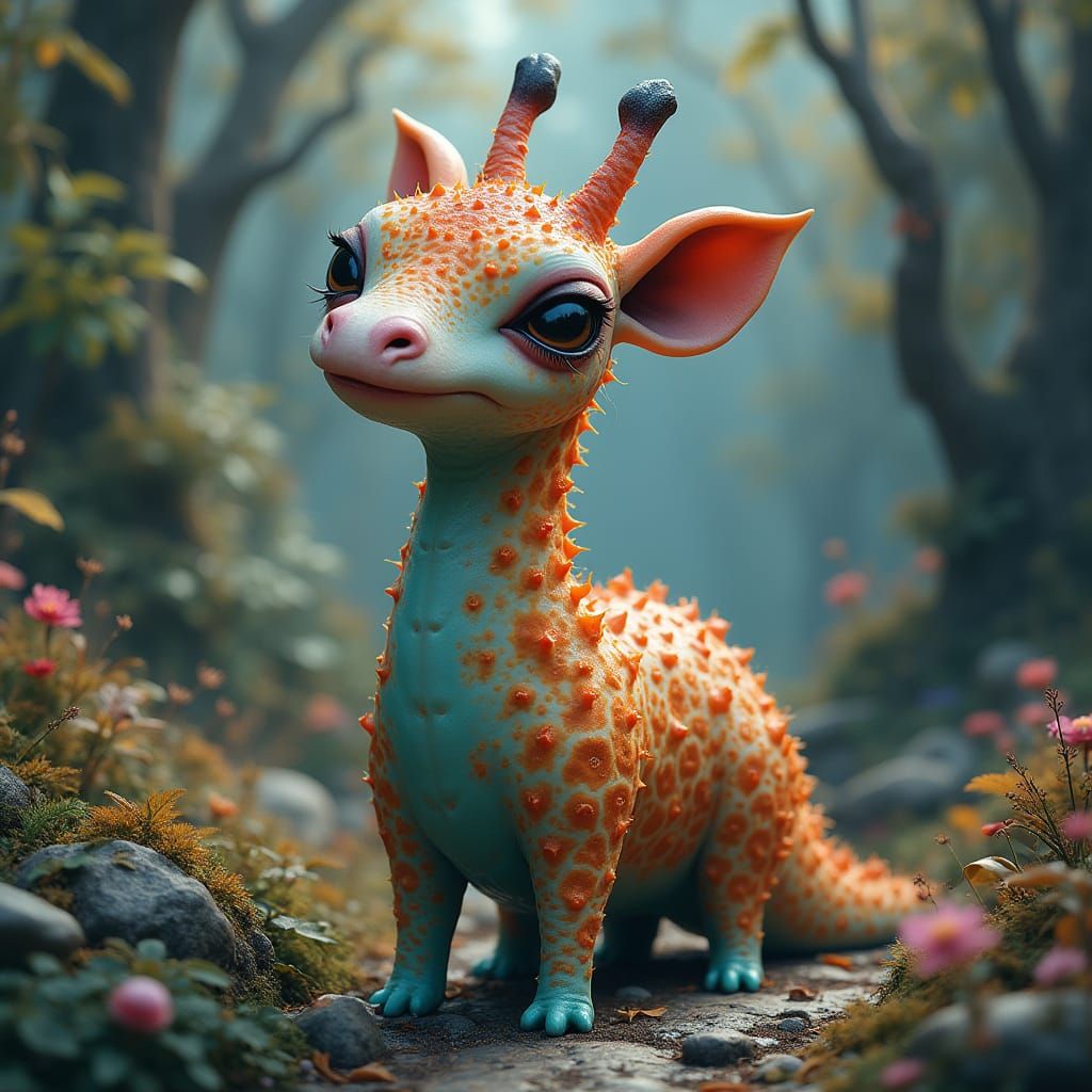 Giraffe-Slug Hybrid in Dreamlike Landscape
