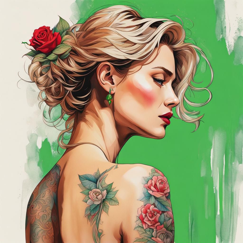 Line Art Portrait with Rose Tattoo in Watercolour Style