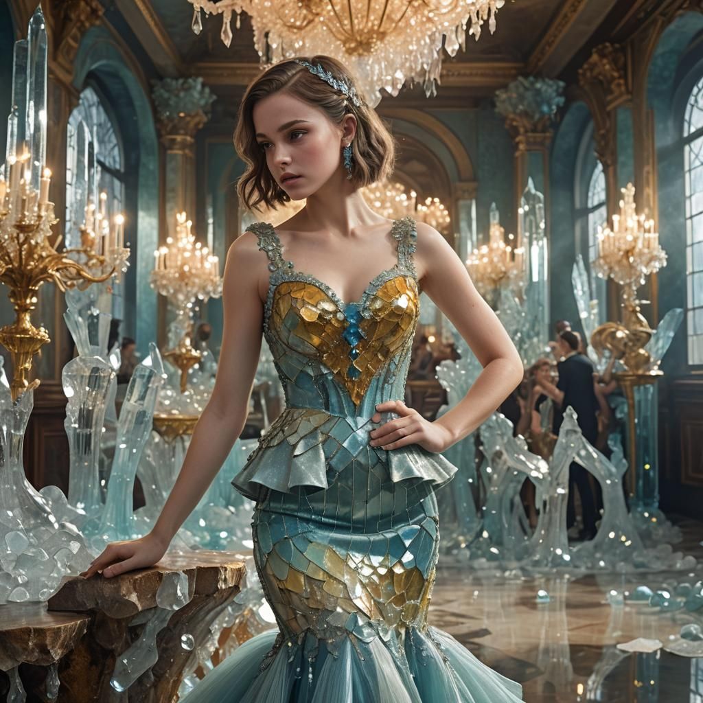 Woman in Crystalline Dress in Ballroom, Hyperrealistic