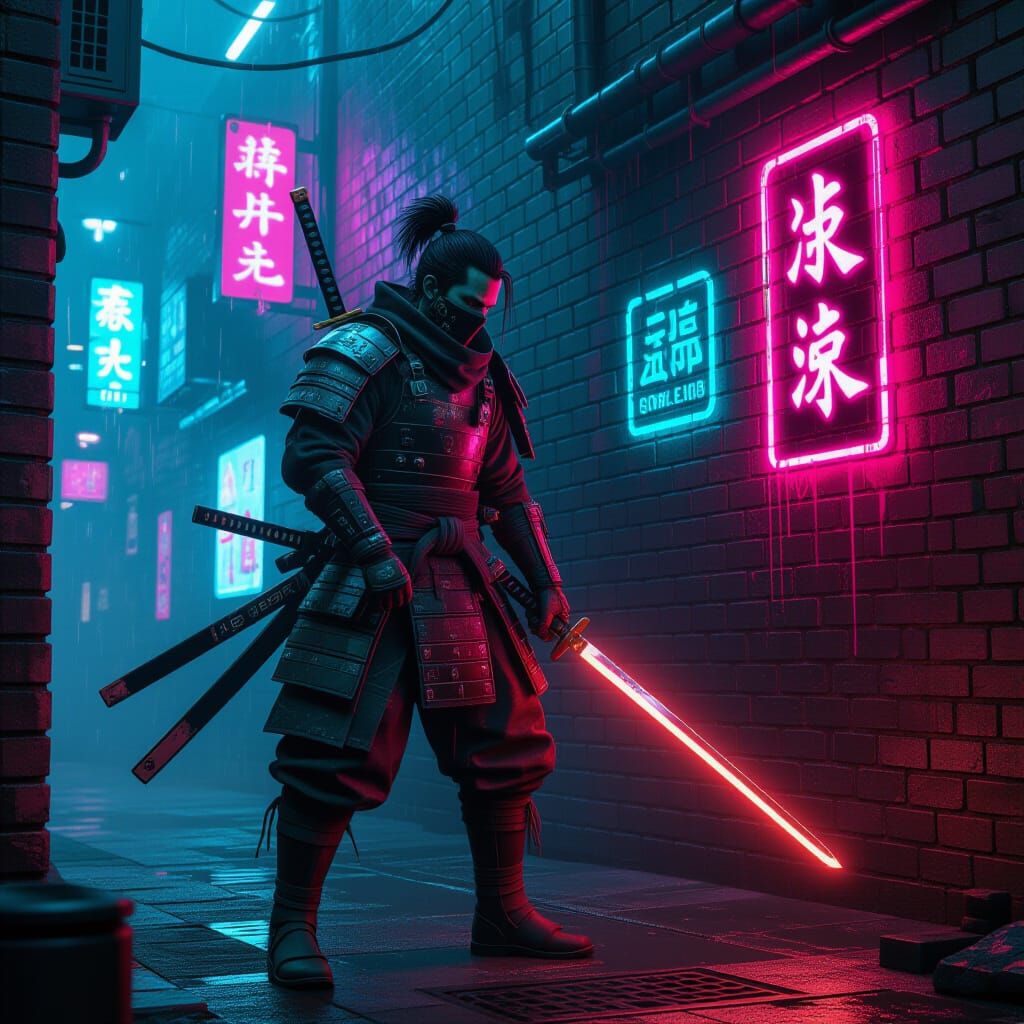 Cyberpunk Samurai Warrior in Dystopian Alley