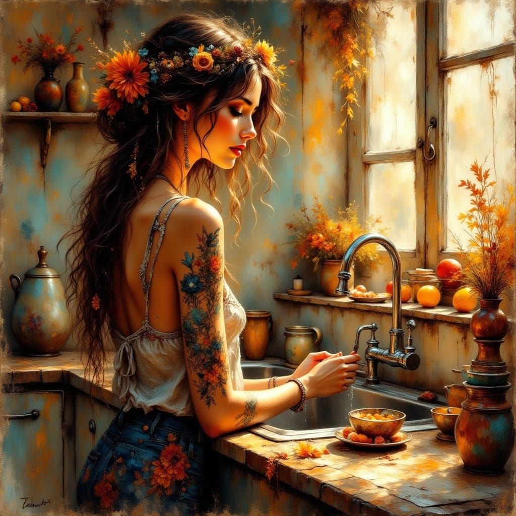 Bohemian Woman in Golden Hour Impressionist Painting