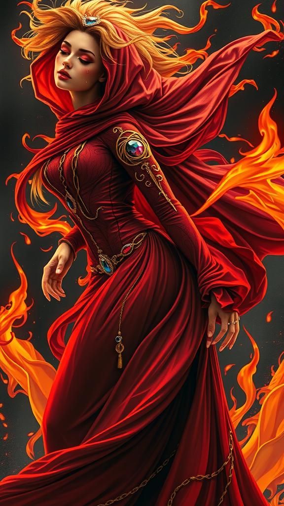 Fiery Woman in Inferno, Surreal Dark Art