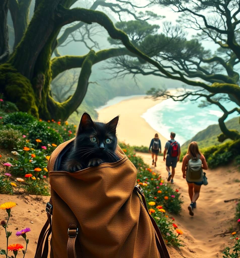 Cute Black Cat Embarks on an Epic Beach Adventure