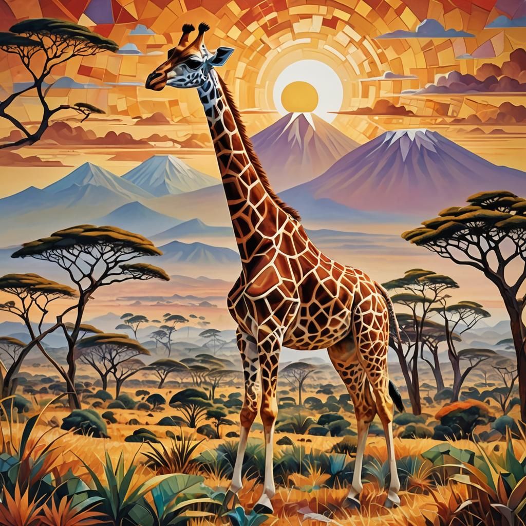 Giraffe in Savanna with Fractal and Cubist Elements