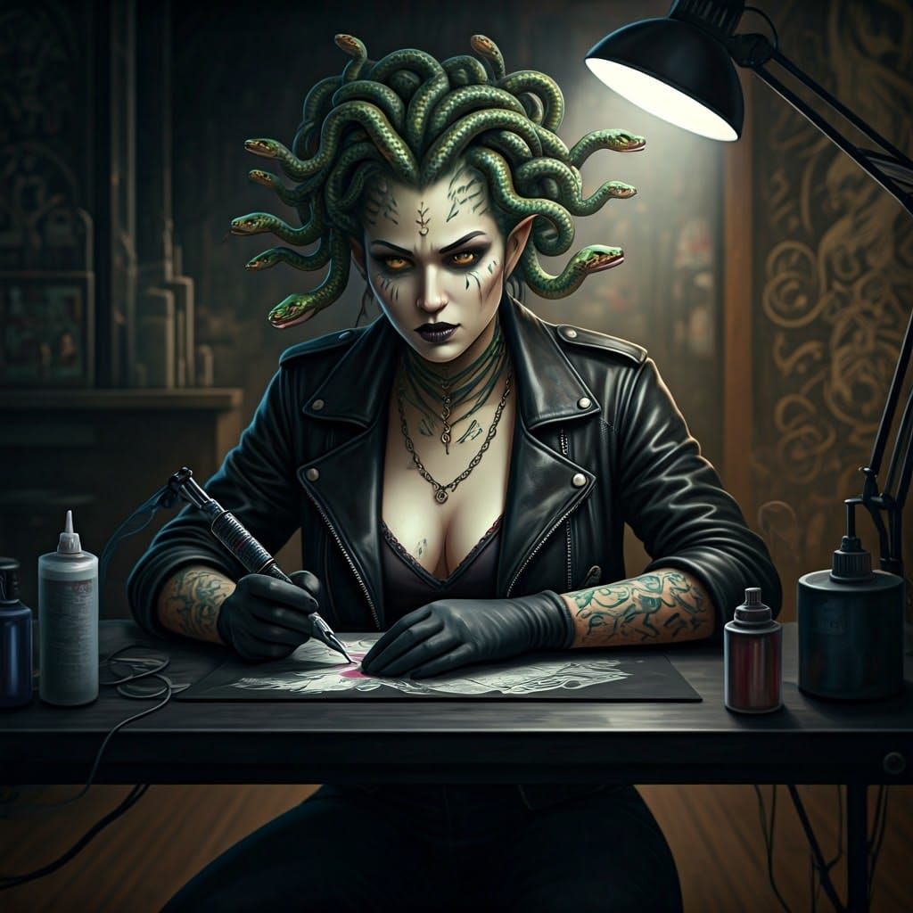 Tattoo Artist Medusa Conveys Intricate Design in Industrial-...