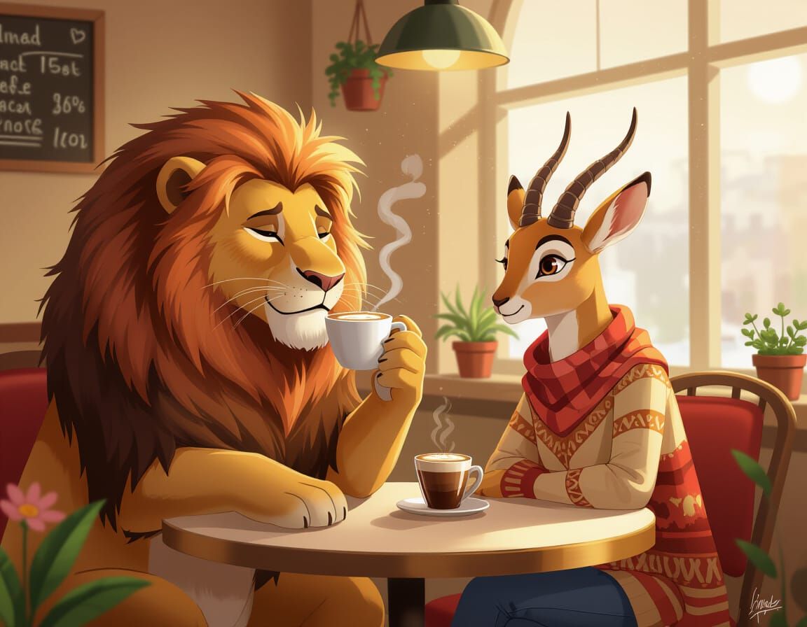 Lion and Gazelle Share Coffee in Whimsical Cafe