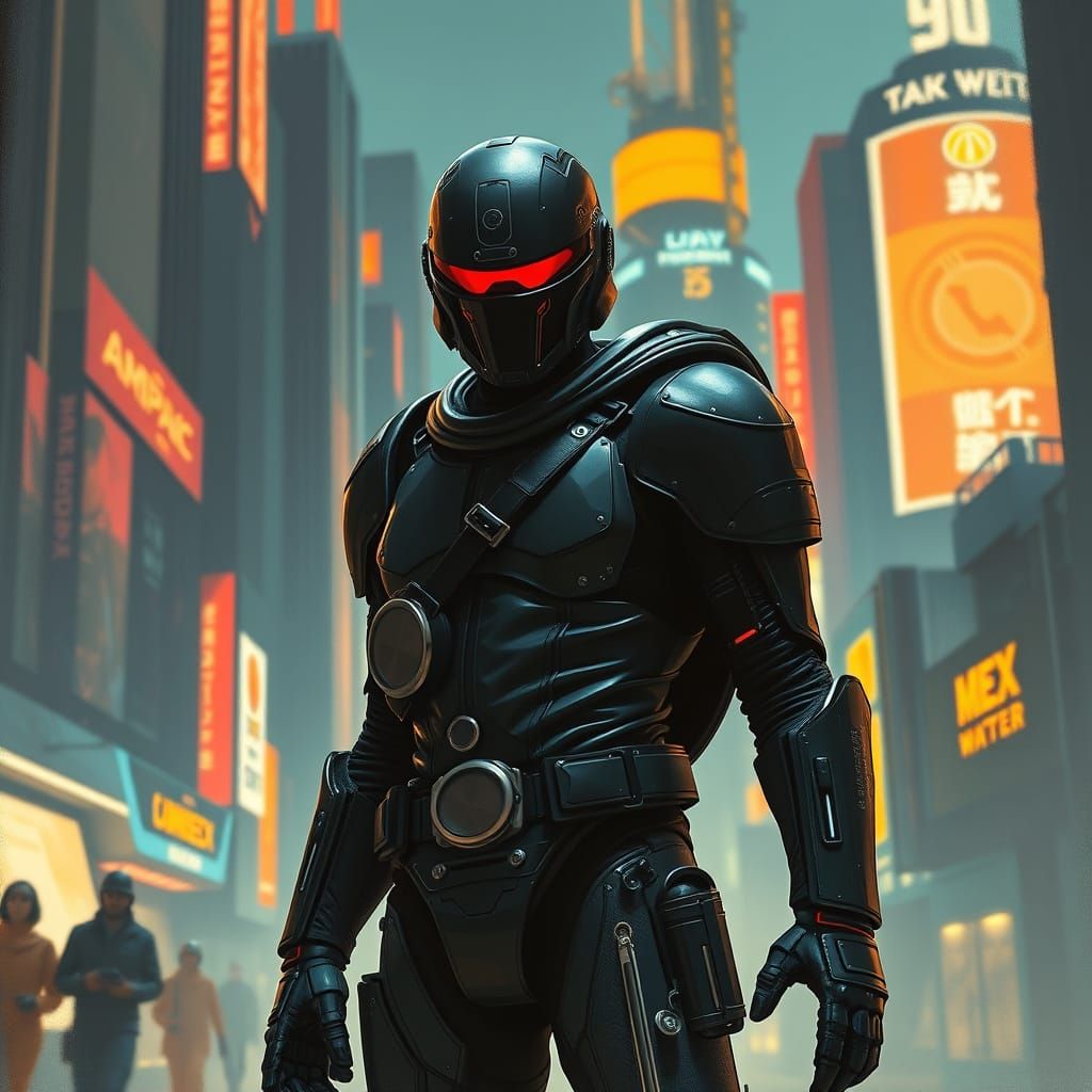 Cyborg Warrior in Neon Cityscape Art