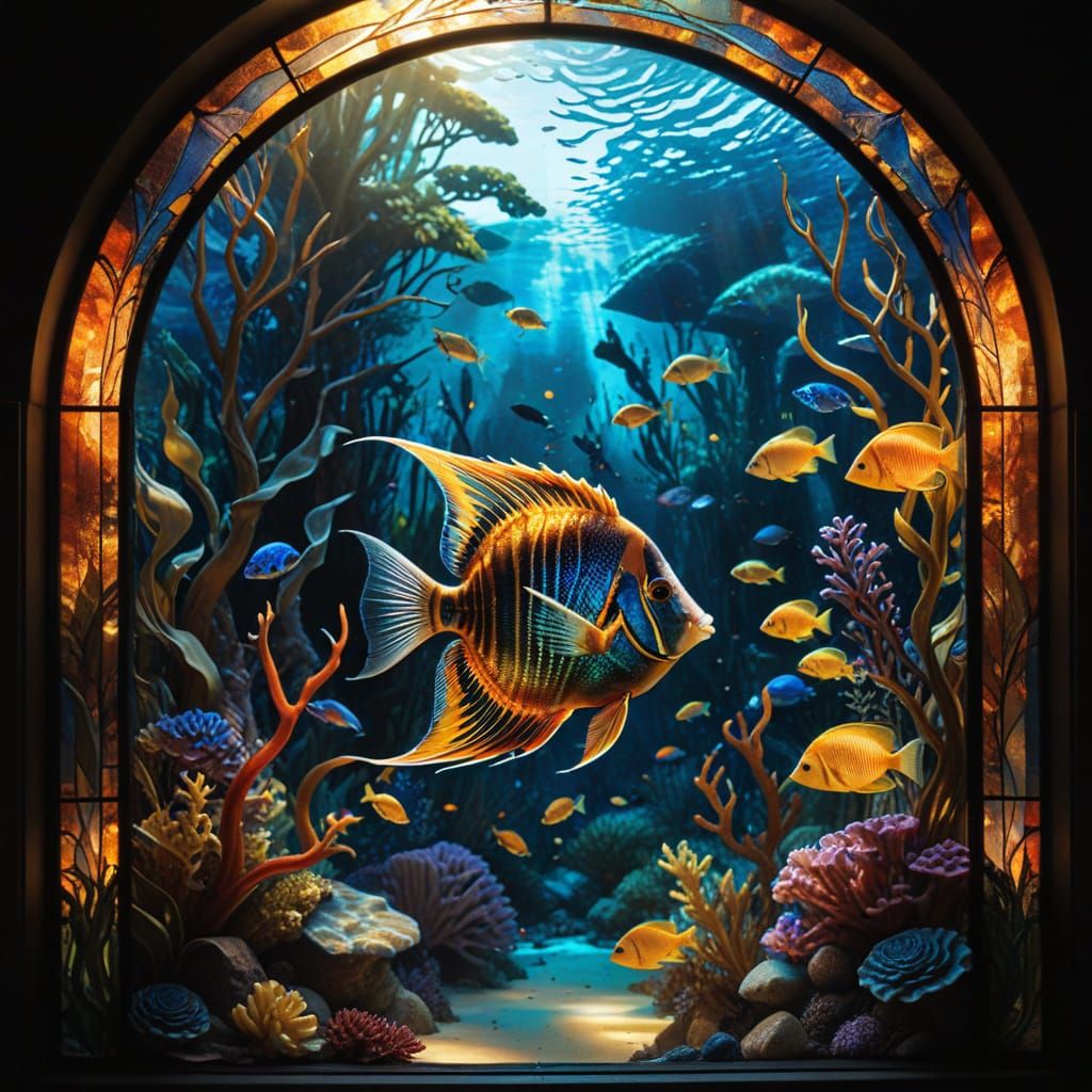 Angelfish and Coral Reef in Stained Glass Style