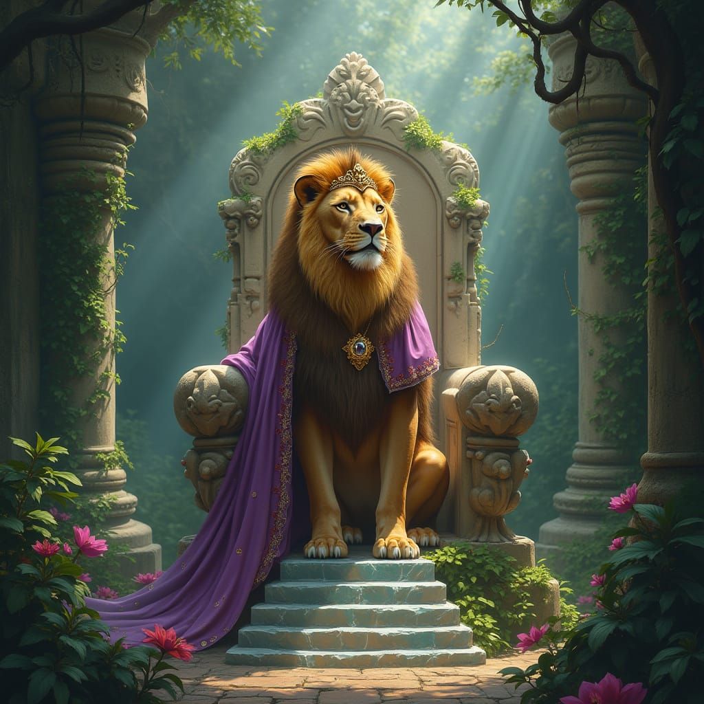 Majestic Lion in Golden Crown, Seated on Ancient Crystal Thr...