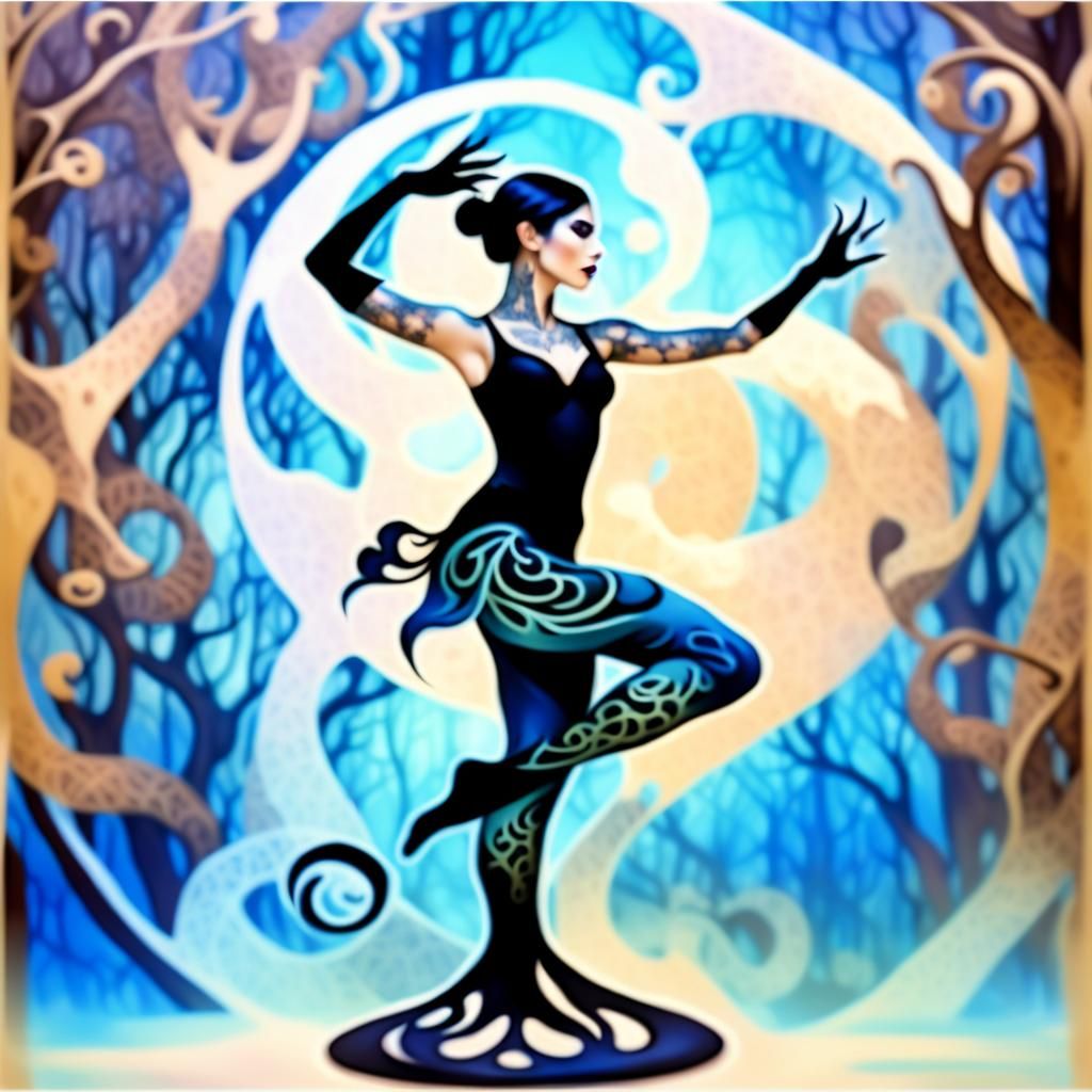Gothic Tattooed Woman in Dark Fantasy Forest