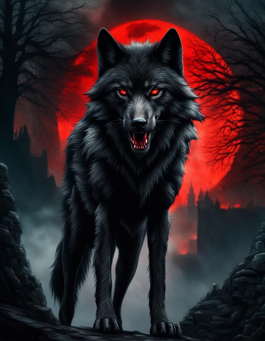 Black Wolf With A Red Moon