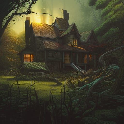 Enchanted Cottagecore House in Golden Sunlight, Fantasy Art