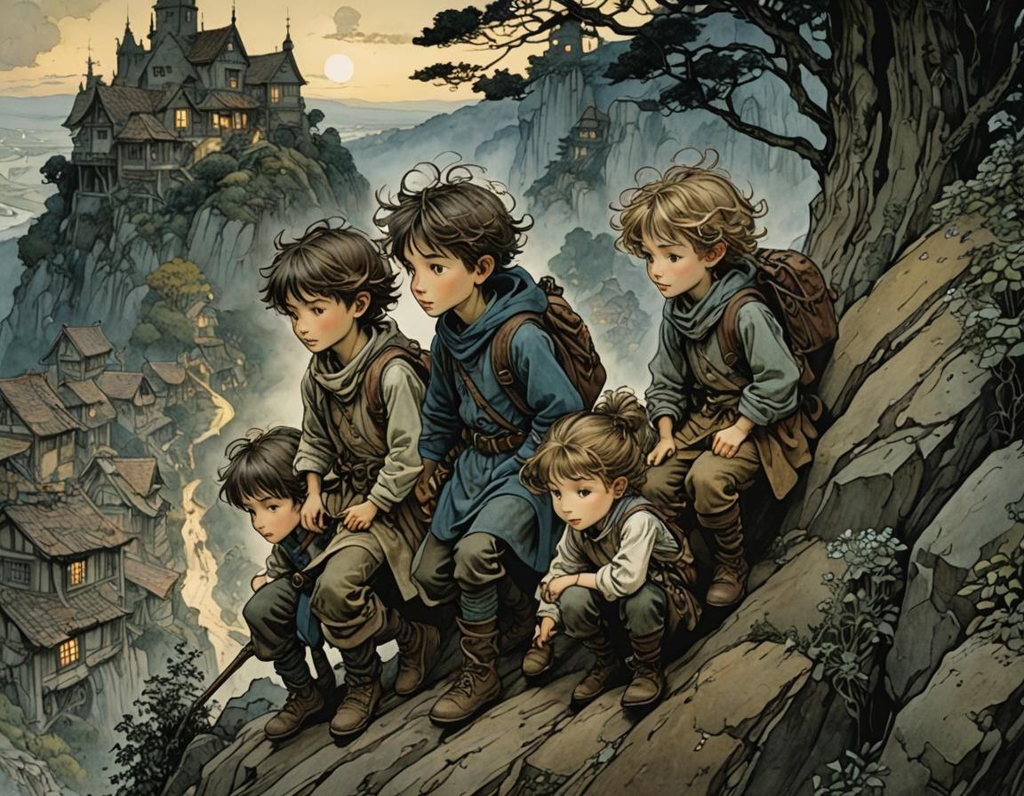 Siblings Climb Hill at Dusk: Intricate Digital Illustration