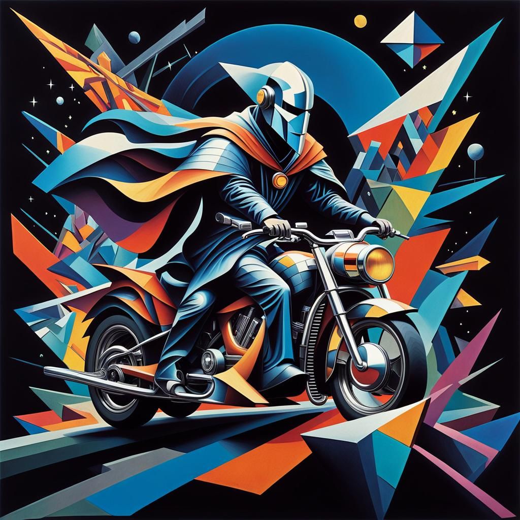 Wizard on Motorcycle in Cubist Dystopian City