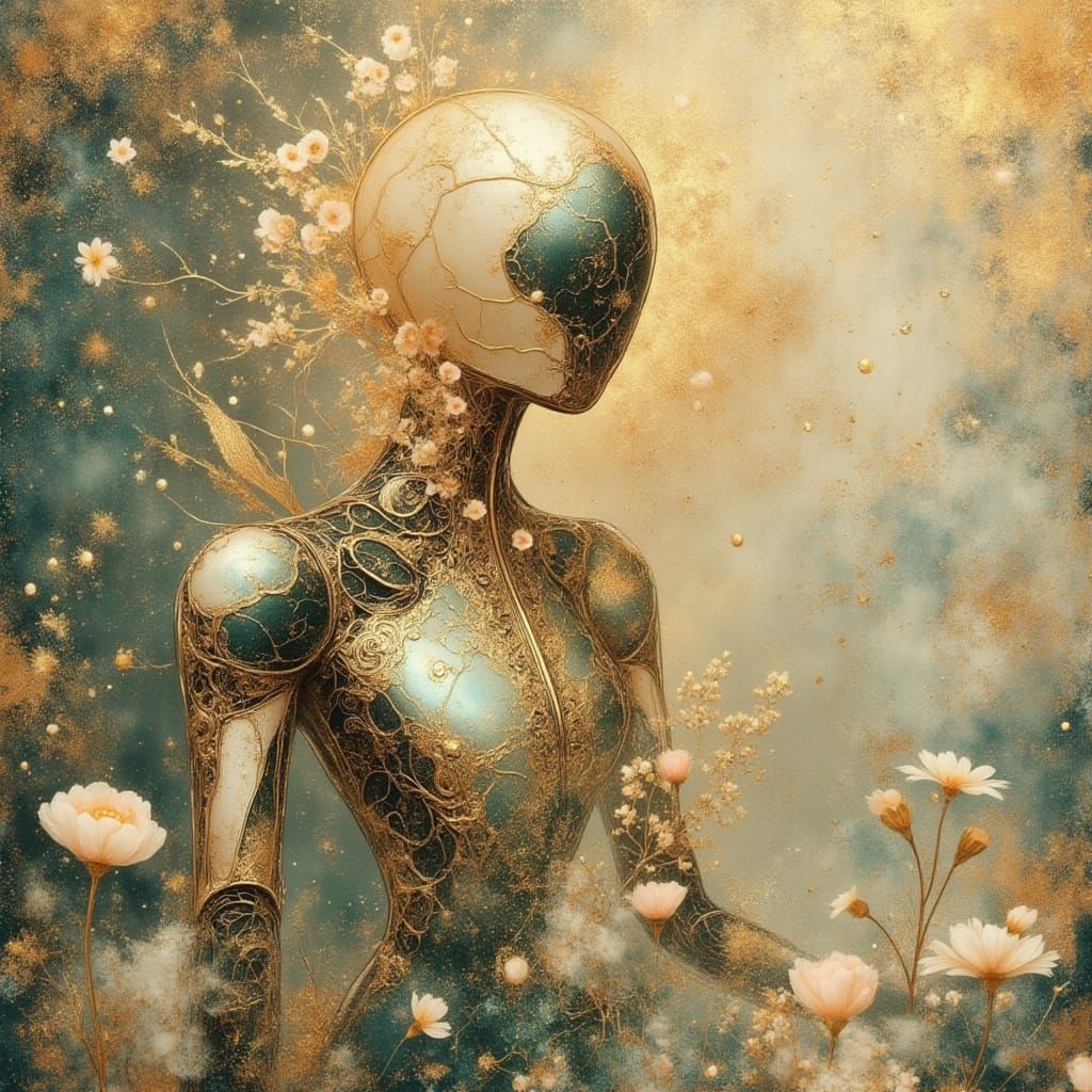 Nymph Robot with Floral Metal Body in Anime Style