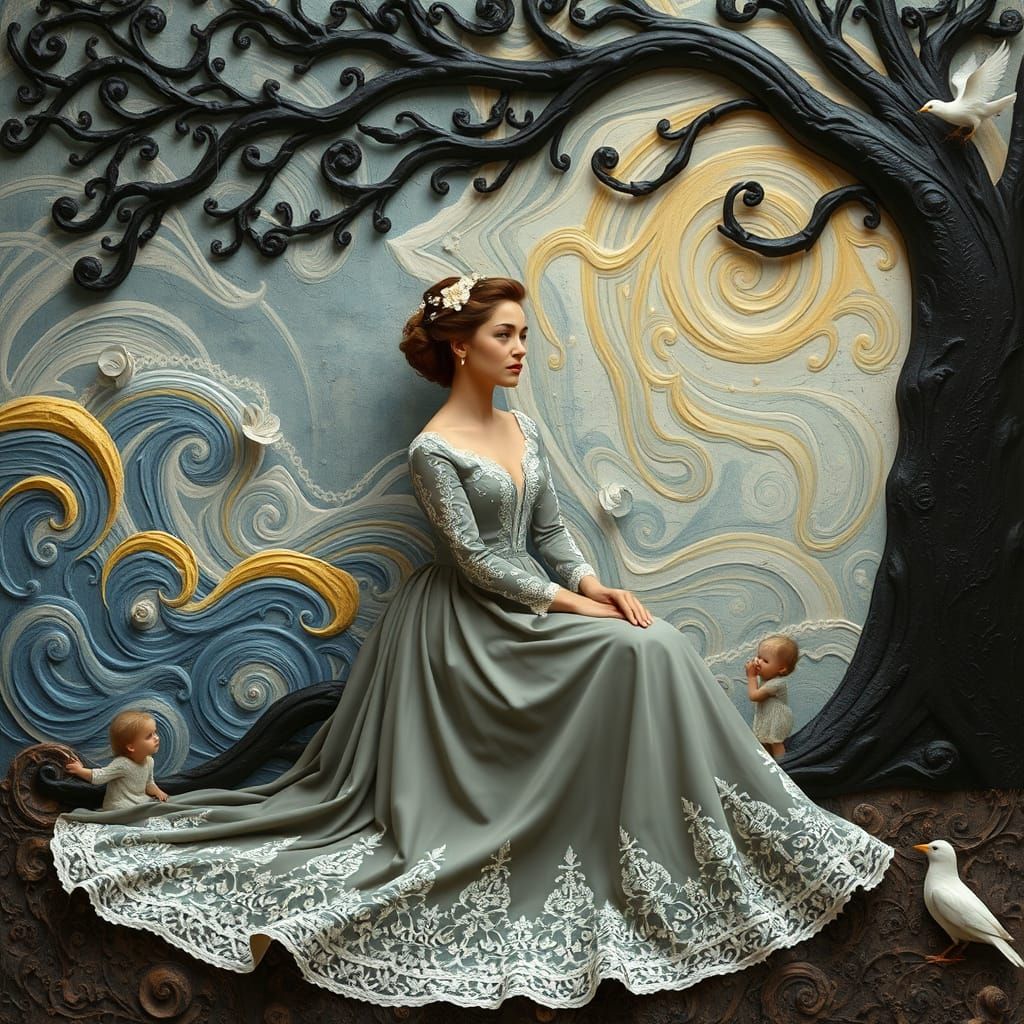 Dreamy Woman Under Stylized Tree in Surreal 3D Art