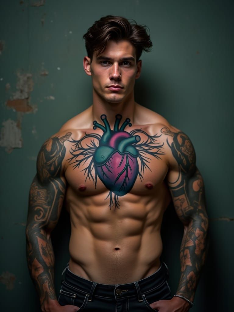 Bodybuilder Portrait with Musical Tattoos, Detailed Matte Pa...